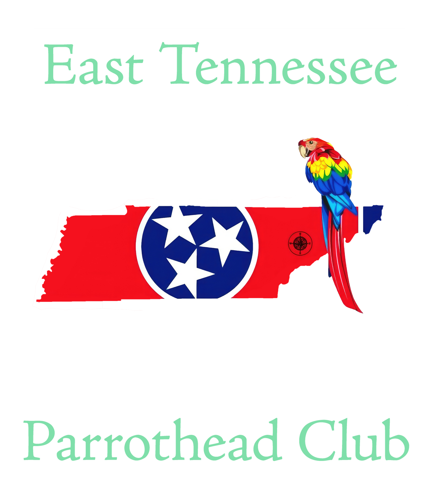Close-up image of the East  Tennessee Parrothead Club logo. Shows the state of Tennessee in red with blue and white stars, and a colorful parrot perched near the top right on the state.